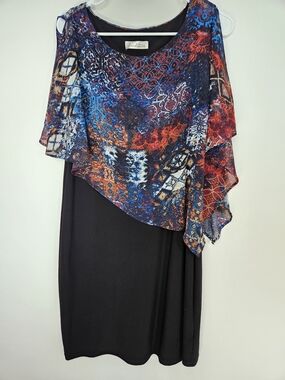 ​Tradition Overlay Sheath Dress Size 12 Abstract Paisley Chiffon Poncho Mock Two